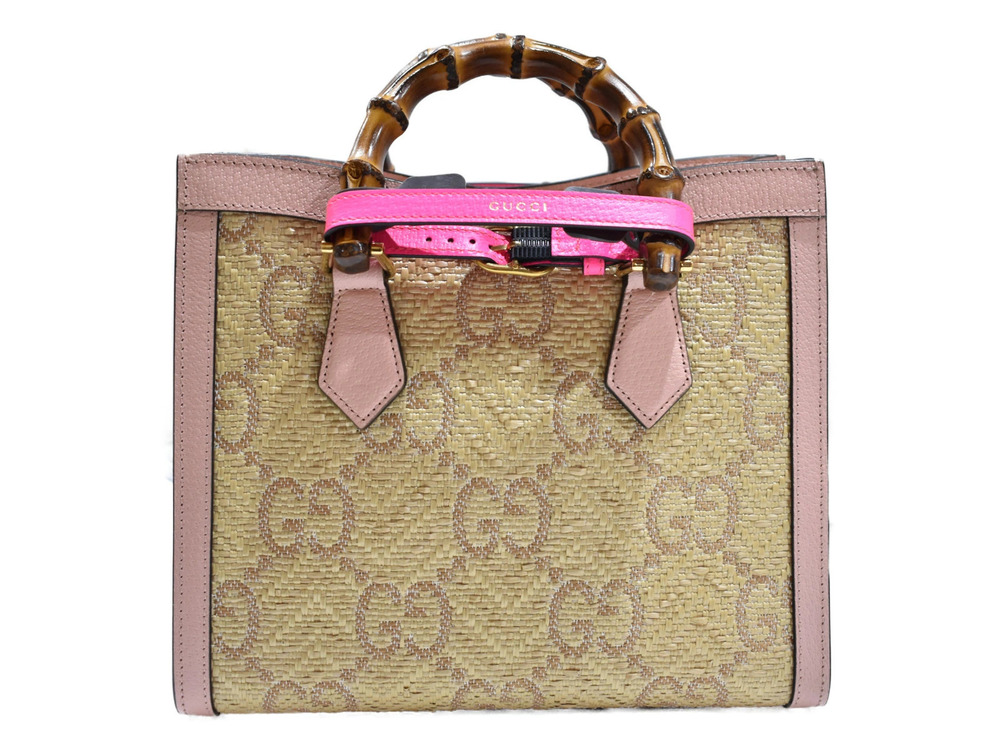 Gucci Handle Straw Beige Handbag Shoulder Bamboo Diana GG Pink Tan Bag Tan Pink